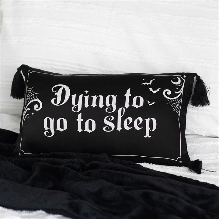 Dying to Go to Sleep Satin Cushion logo
